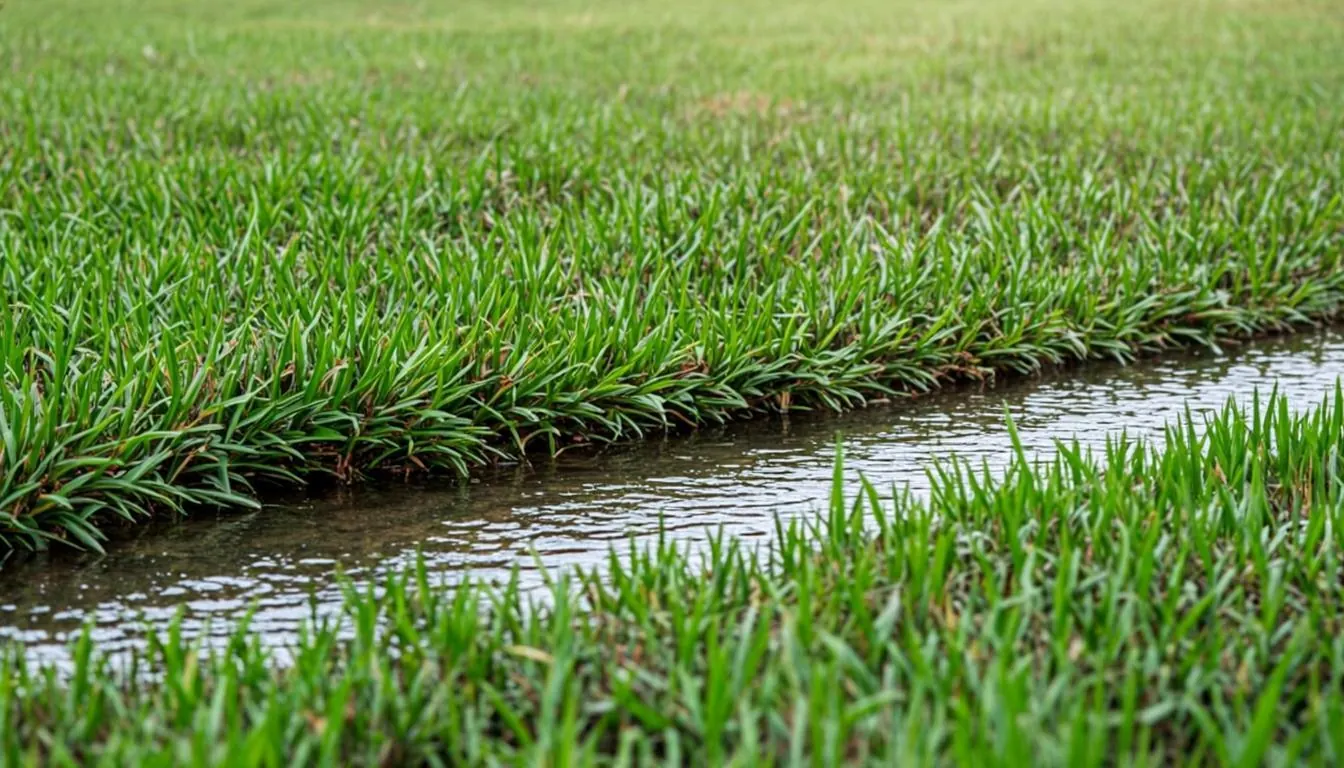 Soggy lawn stripe from a sprinkler system underground leak in Sarasota