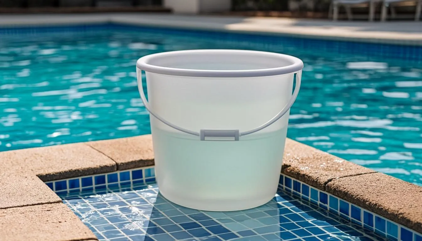 Bucket set at a pool edge for a pool leak bucket test in Florida