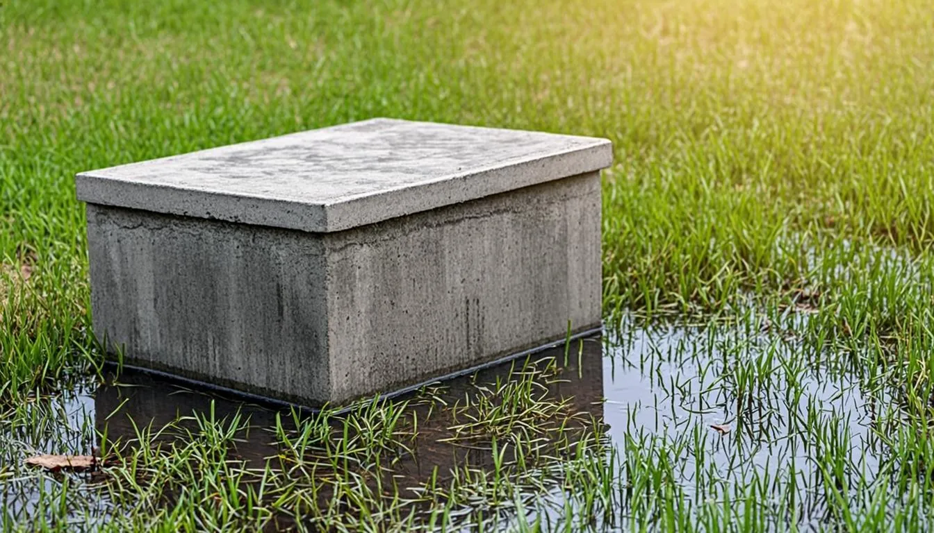 Water meter box standing in a flooded Sarasota yard after a storm during a plumbing inspection