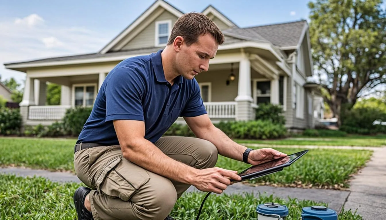 Leak detection technician logging meter readings outside a craftsman bungalow in Bradenton, FL