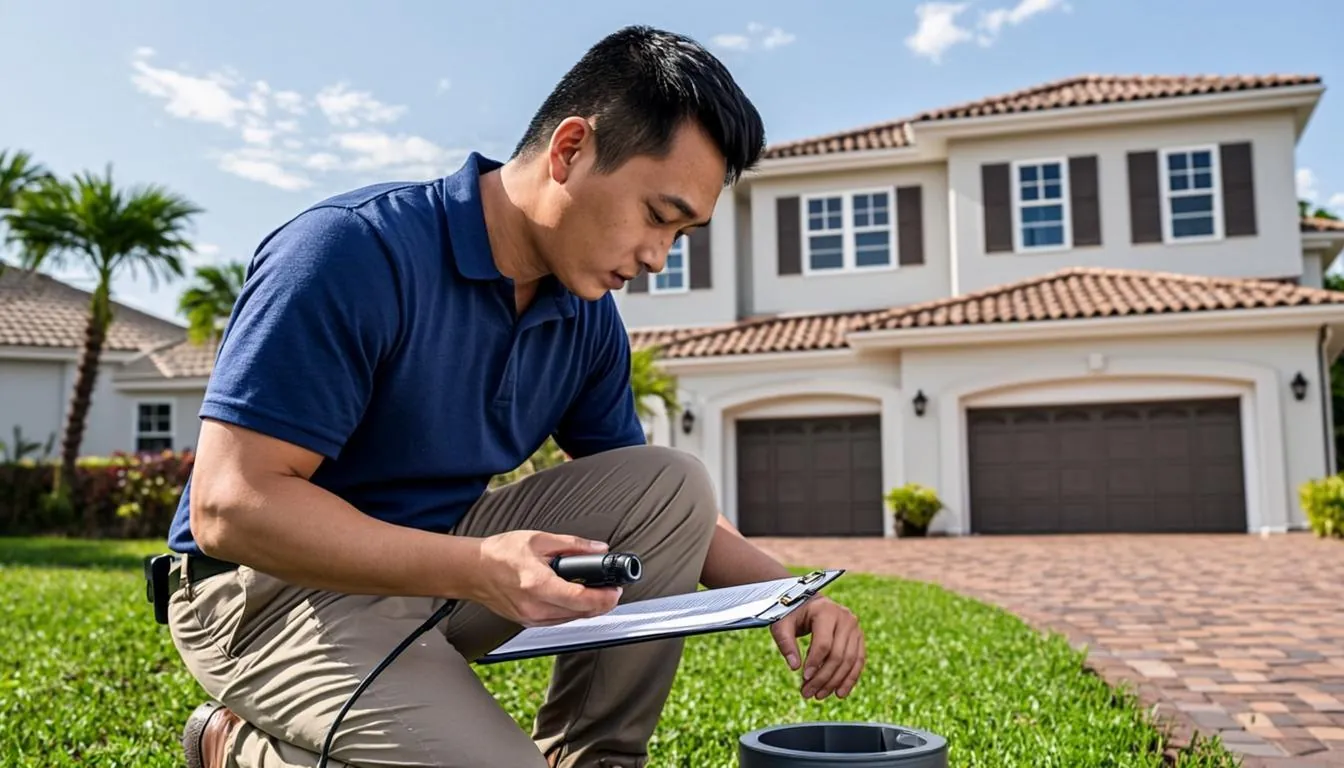 Leak detection technician with clipboard and acoustic equipment at a water meter outside a modern home in Lakewood Ranch, FL