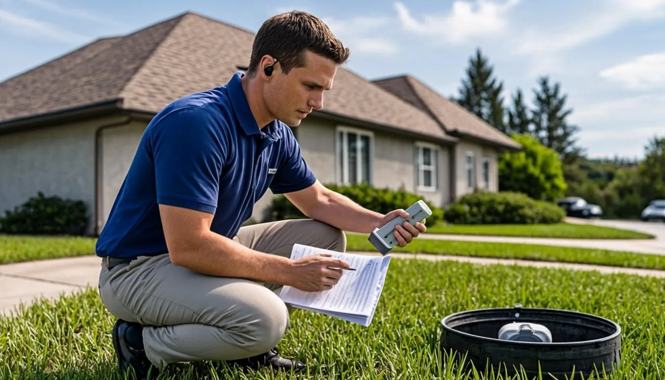 Leak detection technician testing a water meter outside a single-story ranch home in North Port, FL