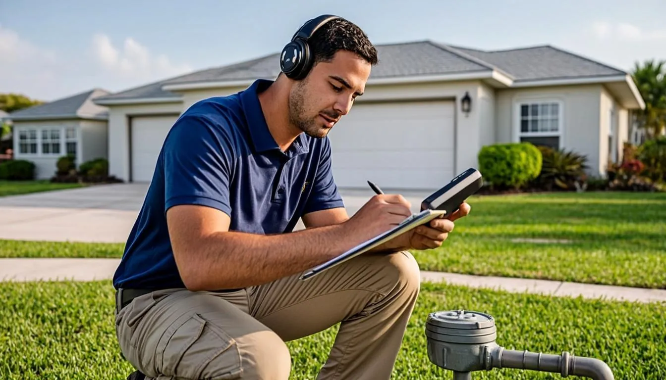 Leak detection technician with headphones taking readings at a water meter outside a Florida ranch home in Port Charlotte, FL