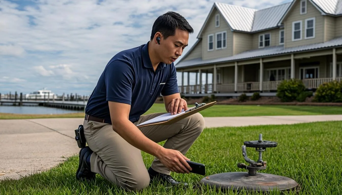 Leak detection technician surveying a water meter outside a waterfront cottage in Punta Gorda, FL