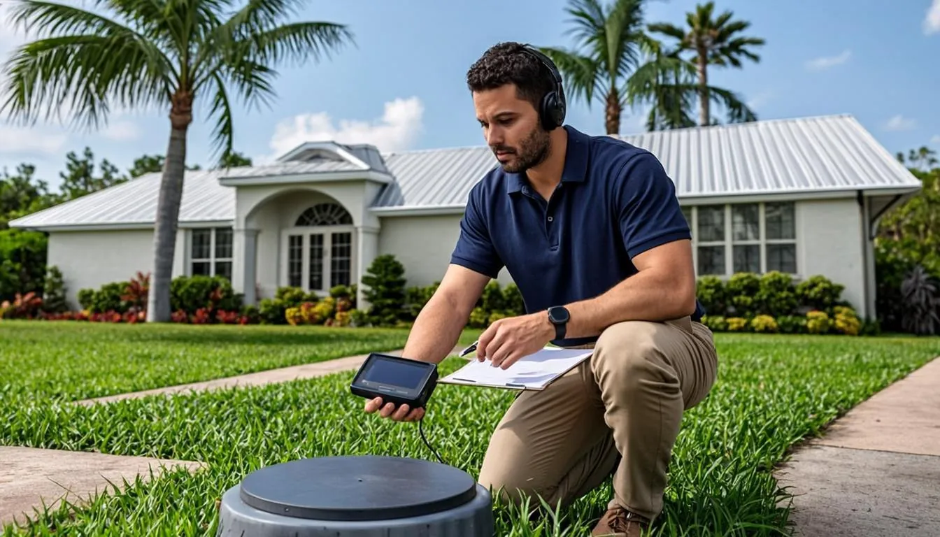 Leak detection technician checking a water meter with acoustic equipment outside a mid-century ranch home in Sarasota, FL