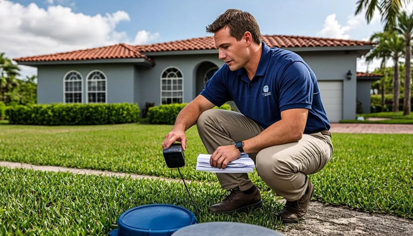 Leak detection technician with acoustic listening equipment at a water meter outside a Mediterranean-style home in Venice, FL